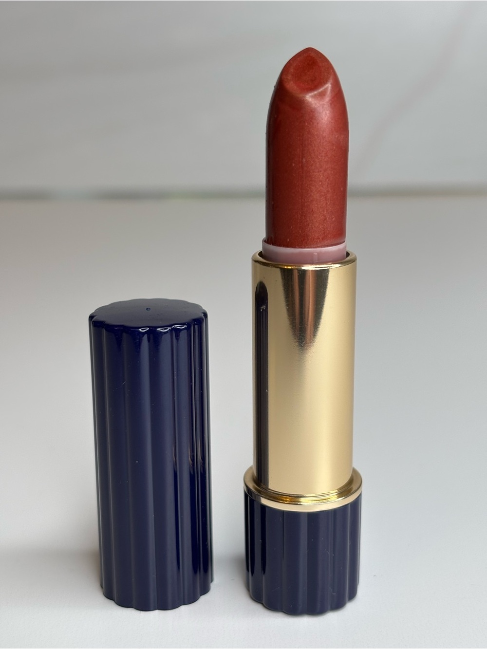 Estee Lauder Shimmery Copper Red Lipstick - Gold & Navy Case